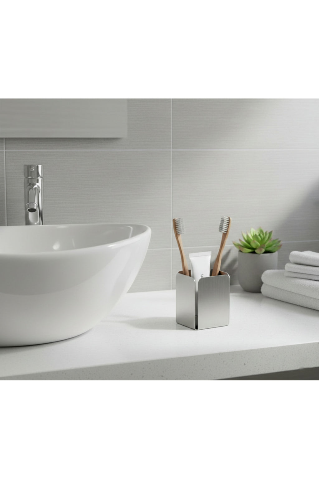 Paslanmaz Çelik Diş Fırçalık Ve Macunluk - Modern Tezgah Üstü Banyo Düzenleyici