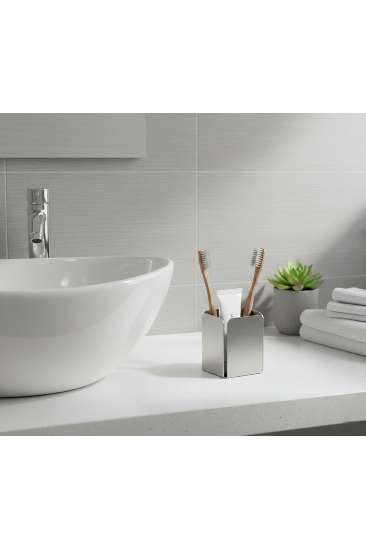 Paslanmaz Çelik Diş Fırçalık Ve Macunluk - Modern Tezgah Üstü Banyo Düzenleyici