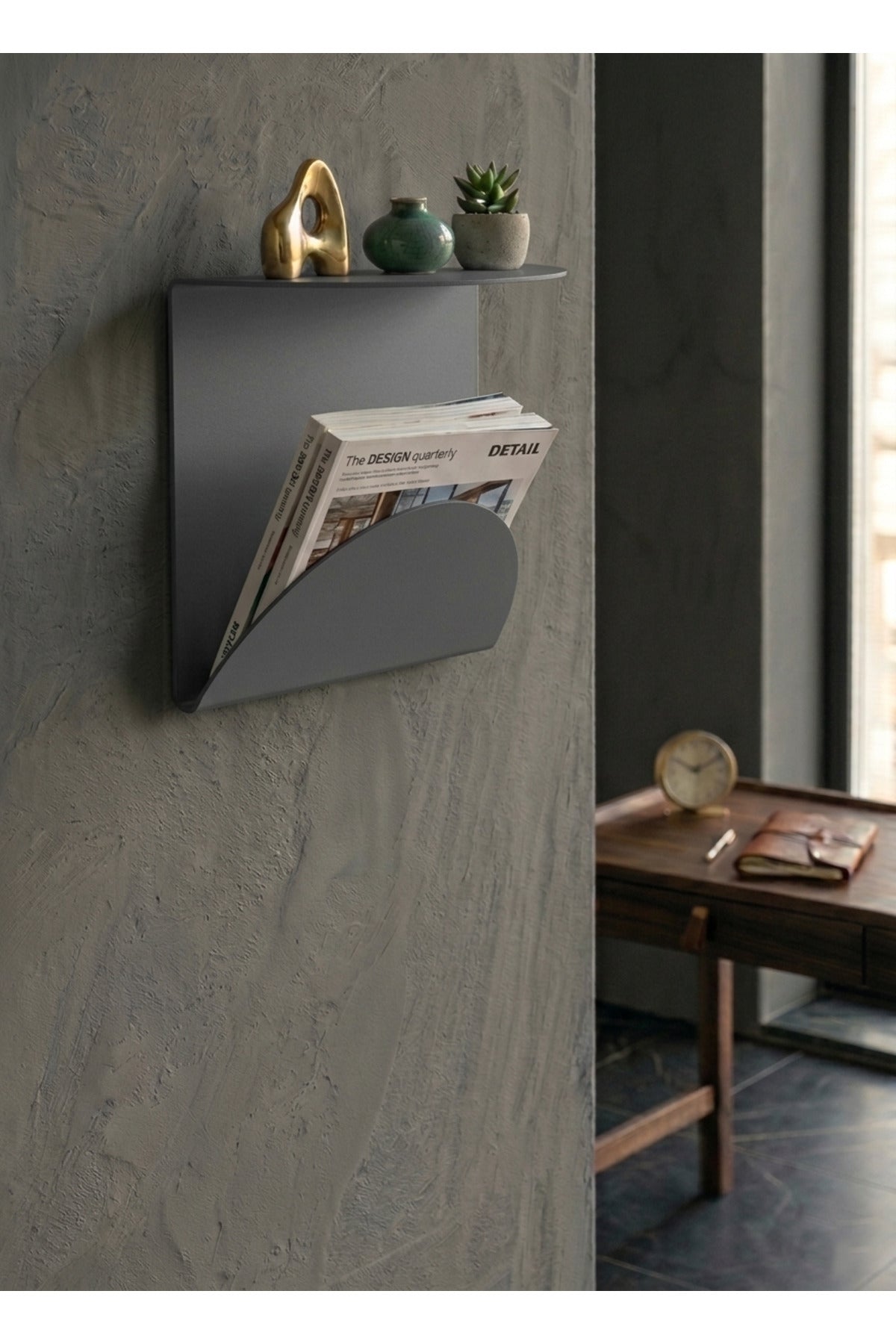 Premium Koyu Gri Metal Duvar Rafı Ve Dergilik - Minimalist Gazetelik Ve Organizer