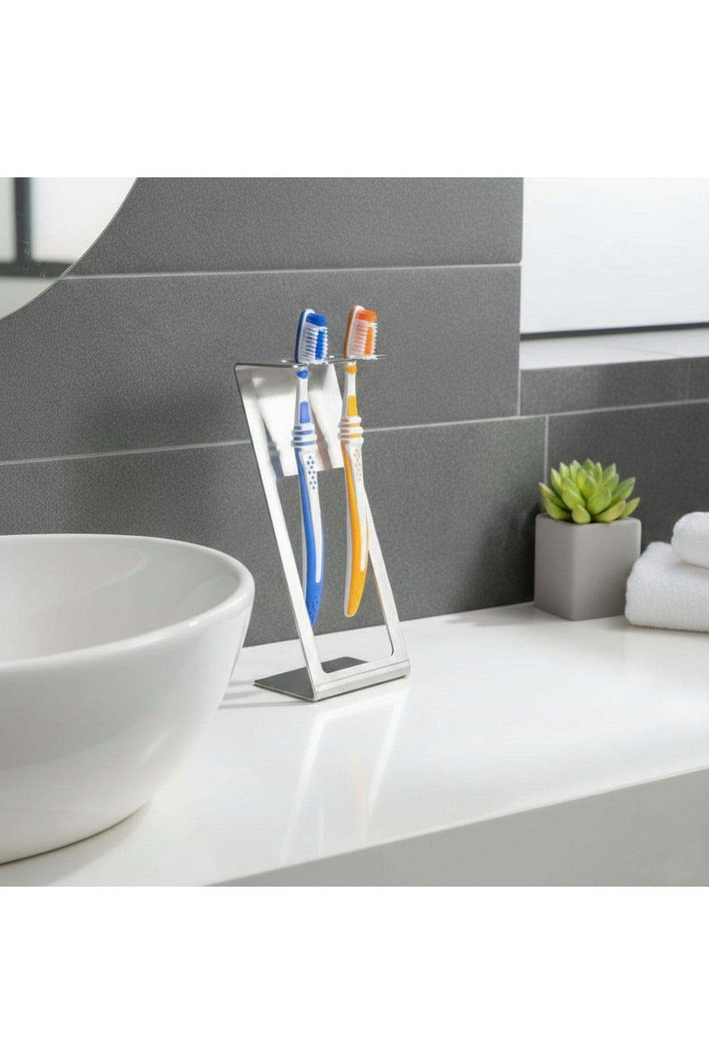 Paslanmaz Çelik Tezgah Üstü Diş Fırçalık - Modern Geometrik Banyo Düzenleyici