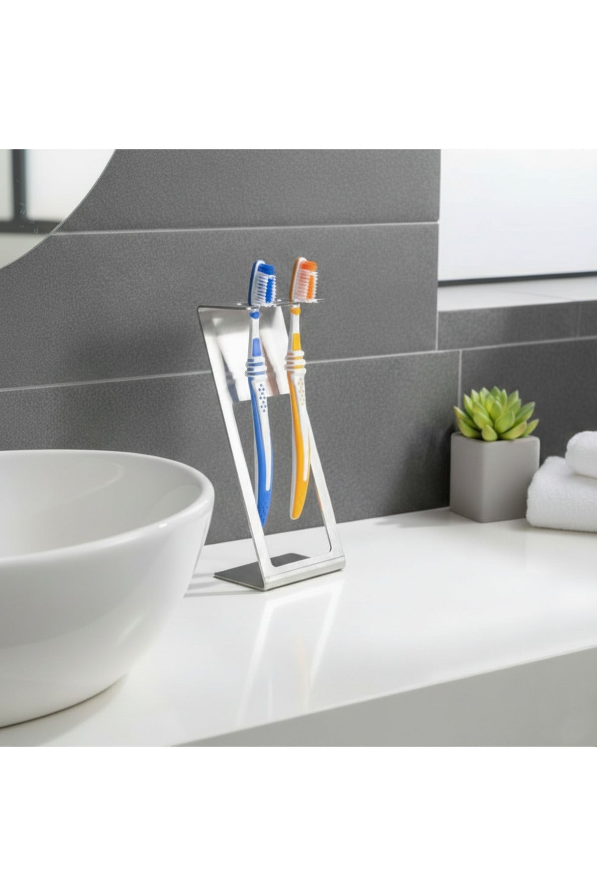 Paslanmaz Çelik Tezgah Üstü Diş Fırçalık - Modern Geometrik Banyo Düzenleyici