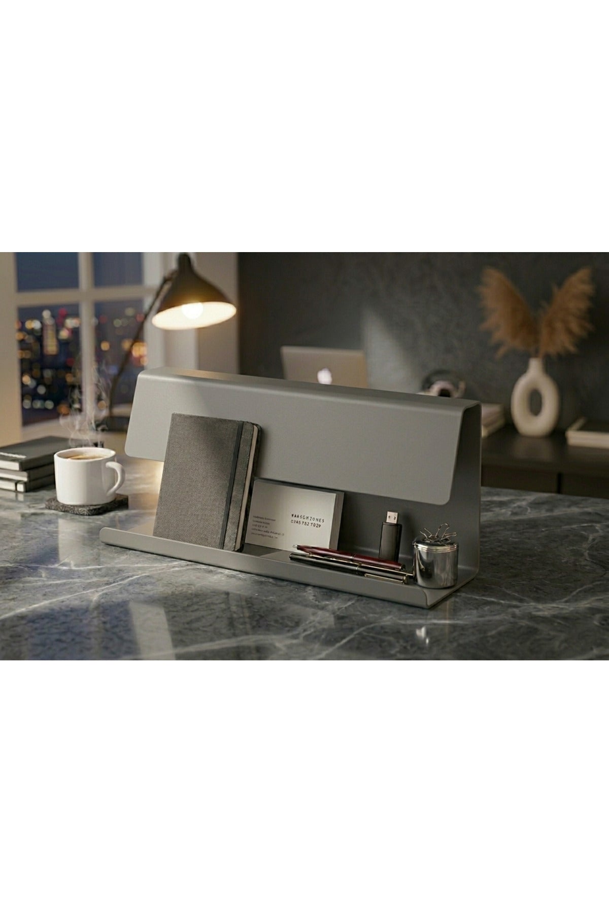 Premium Seri Koyu Gri Metal Masa Organizeri - Minimalist Ofis Aksesuarı