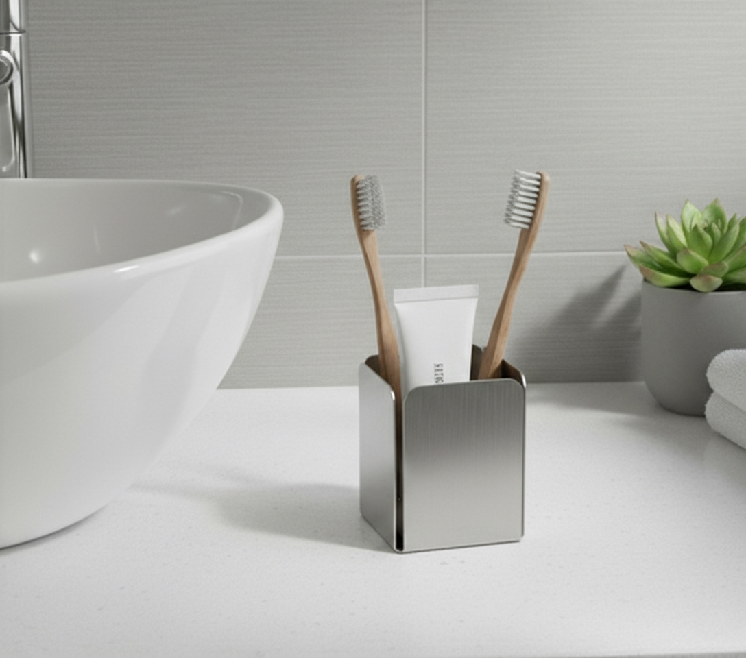 Paslanmaz Çelik Diş Fırçalık Ve Macunluk - Modern Tezgah Üstü Banyo Düzenleyici