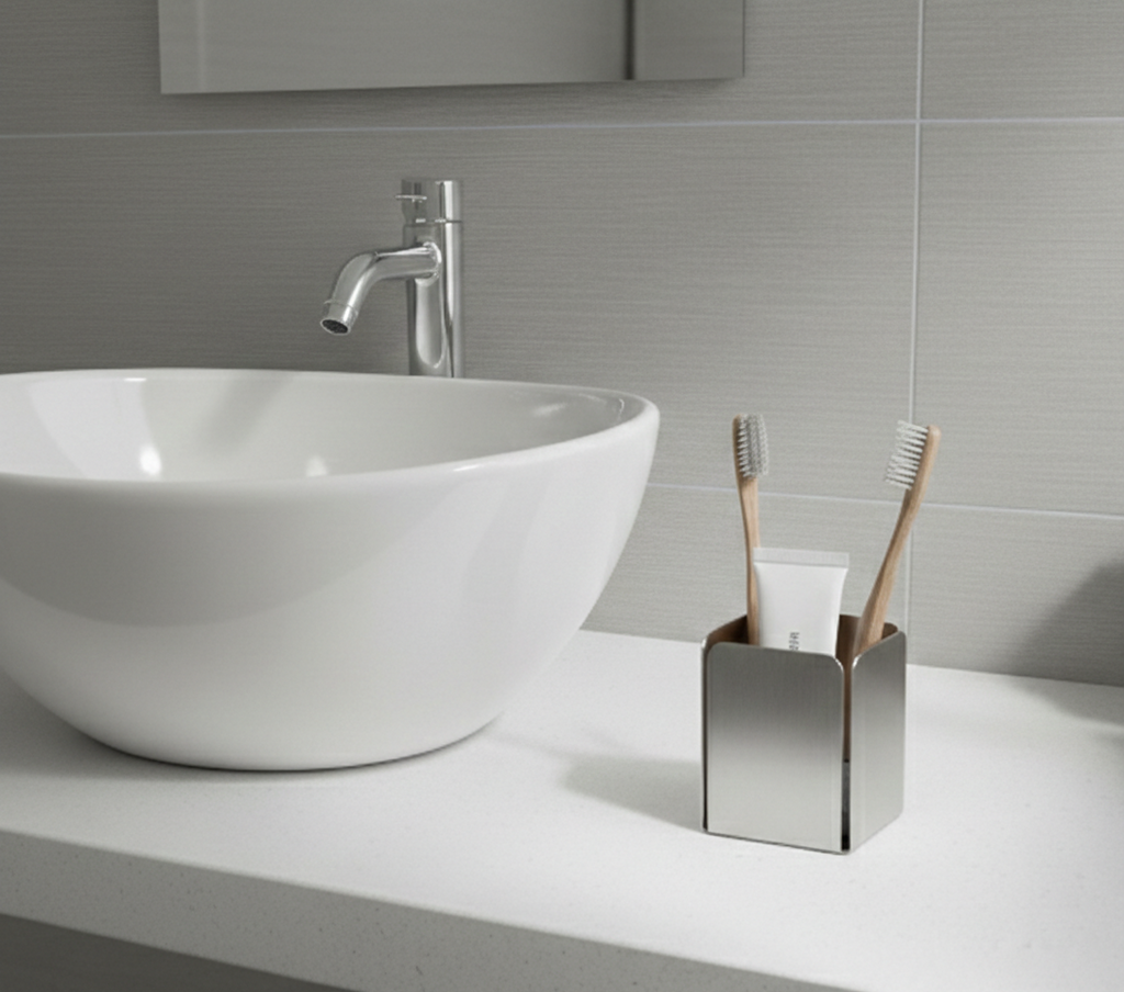 Paslanmaz Çelik Diş Fırçalık Ve Macunluk - Modern Tezgah Üstü Banyo Düzenleyici