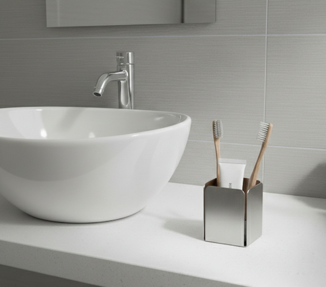 Paslanmaz Çelik Diş Fırçalık Ve Macunluk - Modern Tezgah Üstü Banyo Düzenleyici