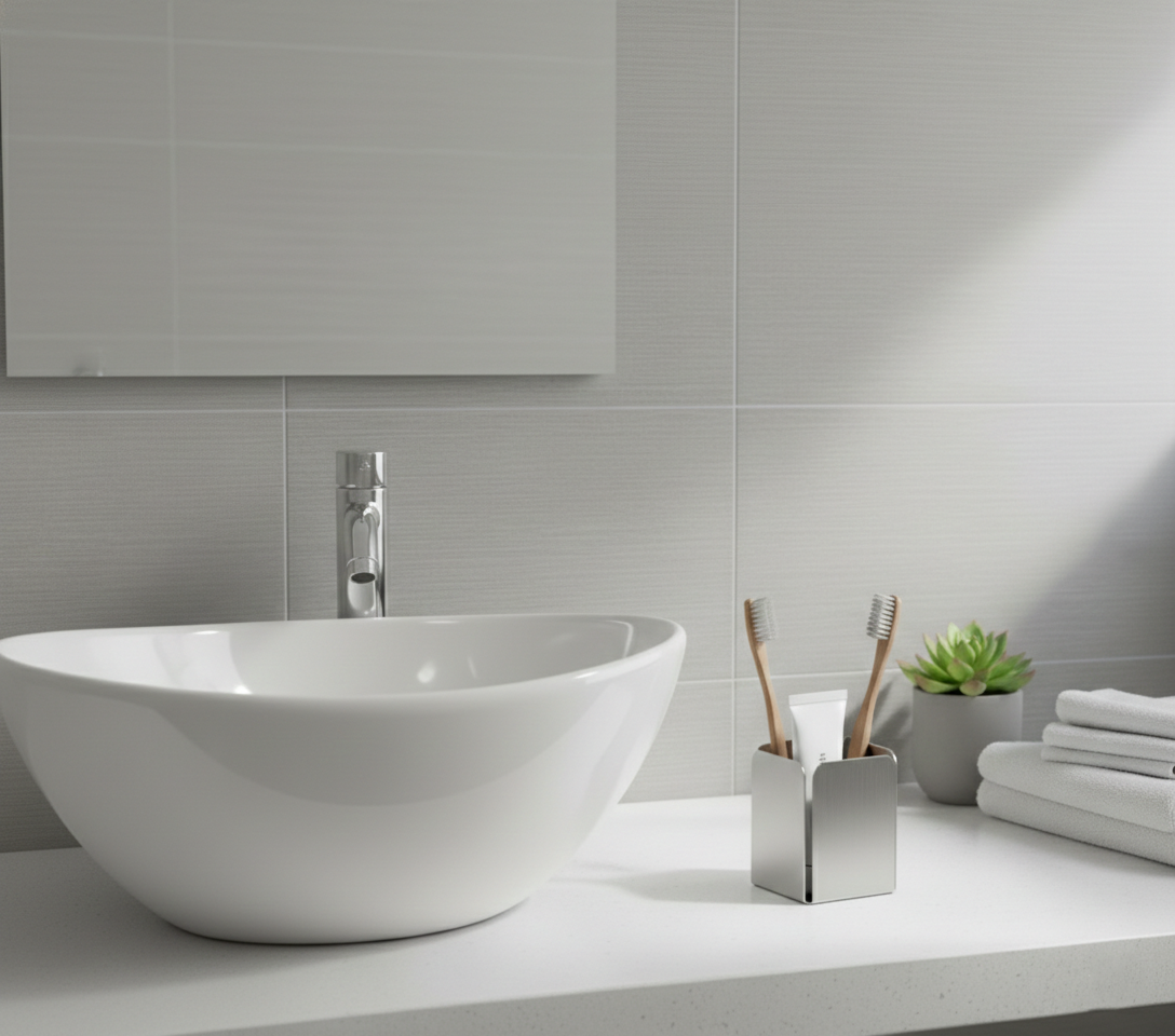 Paslanmaz Çelik Diş Fırçalık Ve Macunluk - Modern Tezgah Üstü Banyo Düzenleyici