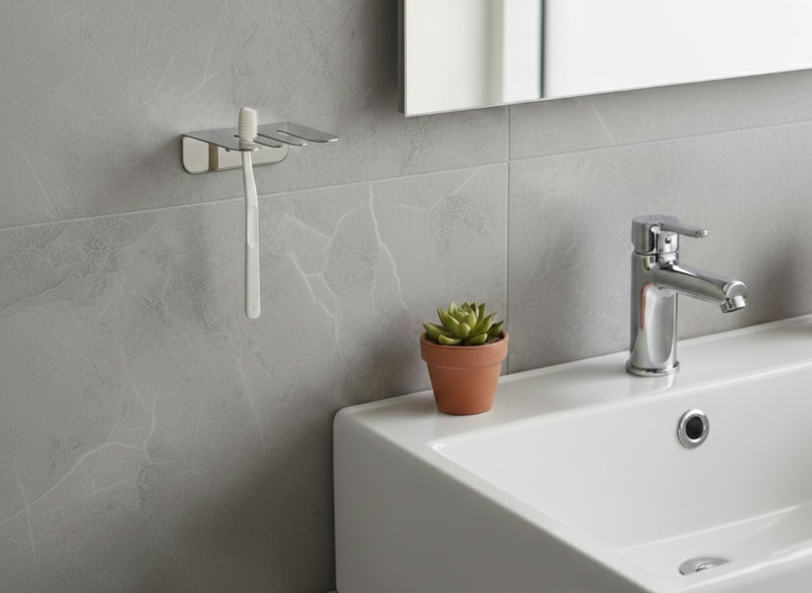 Yapışkanlı Paslanmaz Çelik 3 Bölmeli Diş Fırçası Askısı - Modern Banyo Düzenleyici