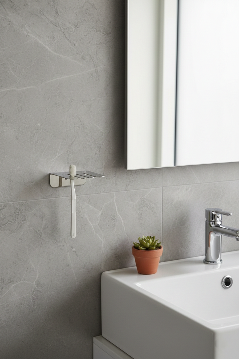 Yapışkanlı Paslanmaz Çelik 3 Bölmeli Diş Fırçası Askısı - Modern Banyo Düzenleyici