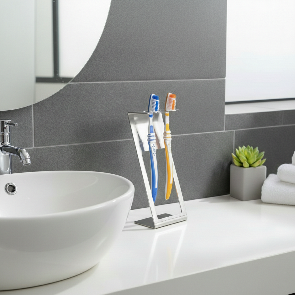 Paslanmaz Çelik Tezgah Üstü Diş Fırçalık - Modern Geometrik Banyo Düzenleyici