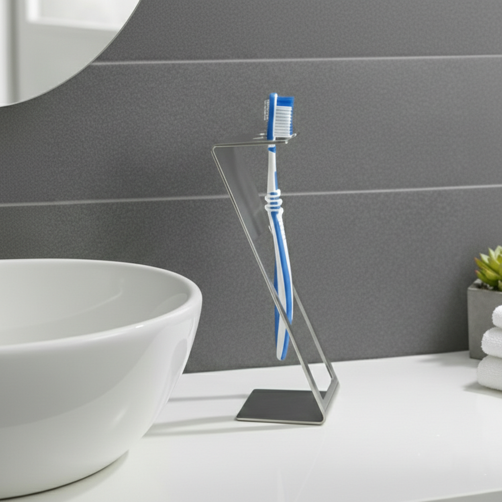 Paslanmaz Çelik Tezgah Üstü Diş Fırçalık - Modern Geometrik Banyo Düzenleyici