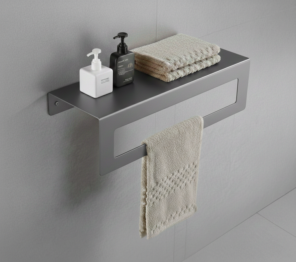 Koyu Gri Galvaniz Metal Havluluk Raf - Üst Raflı Banyo Havlu Askısı