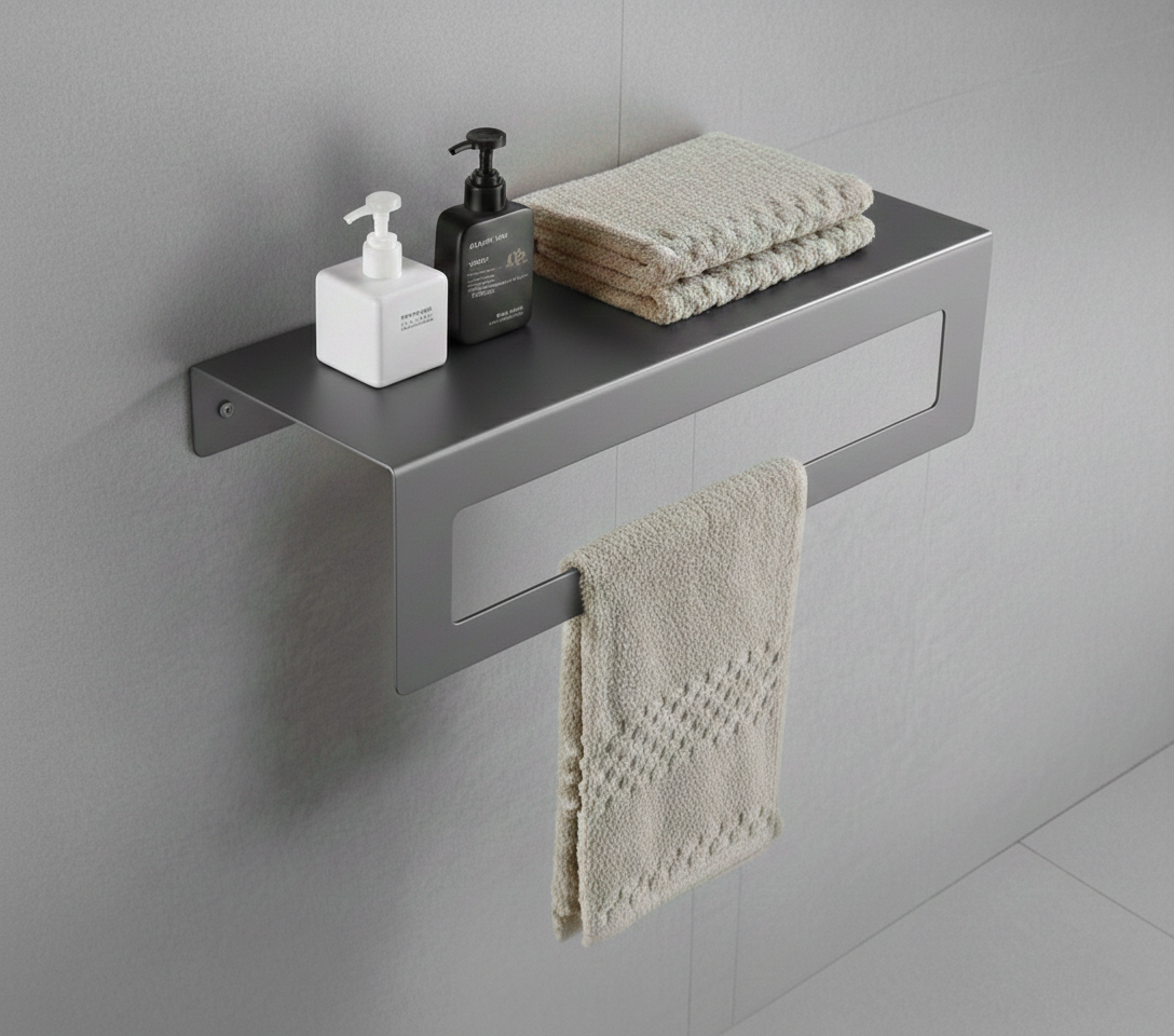 Koyu Gri Galvaniz Metal Havluluk Raf - Üst Raflı Banyo Havlu Askısı