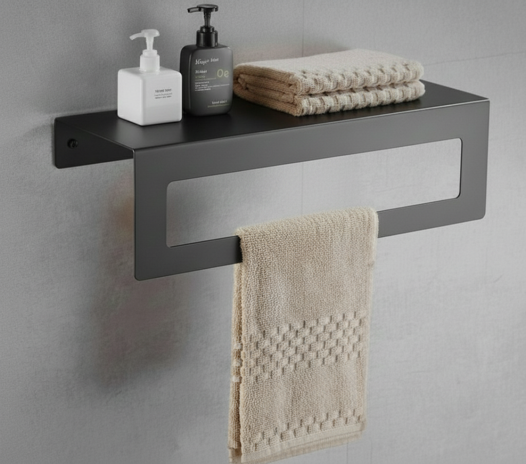 Koyu Gri Galvaniz Metal Havluluk Raf - Üst Raflı Banyo Havlu Askısı