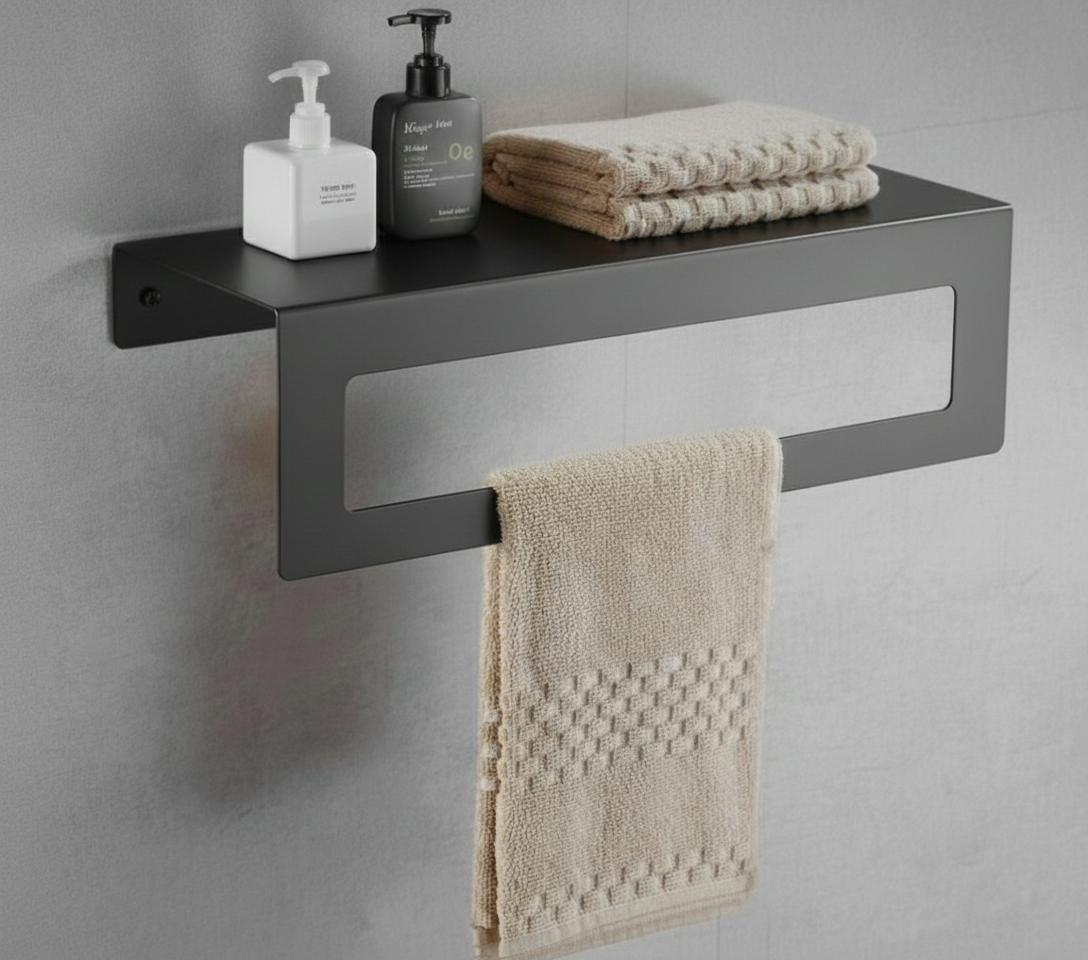 Koyu Gri Galvaniz Metal Havluluk Raf - Üst Raflı Banyo Havlu Askısı