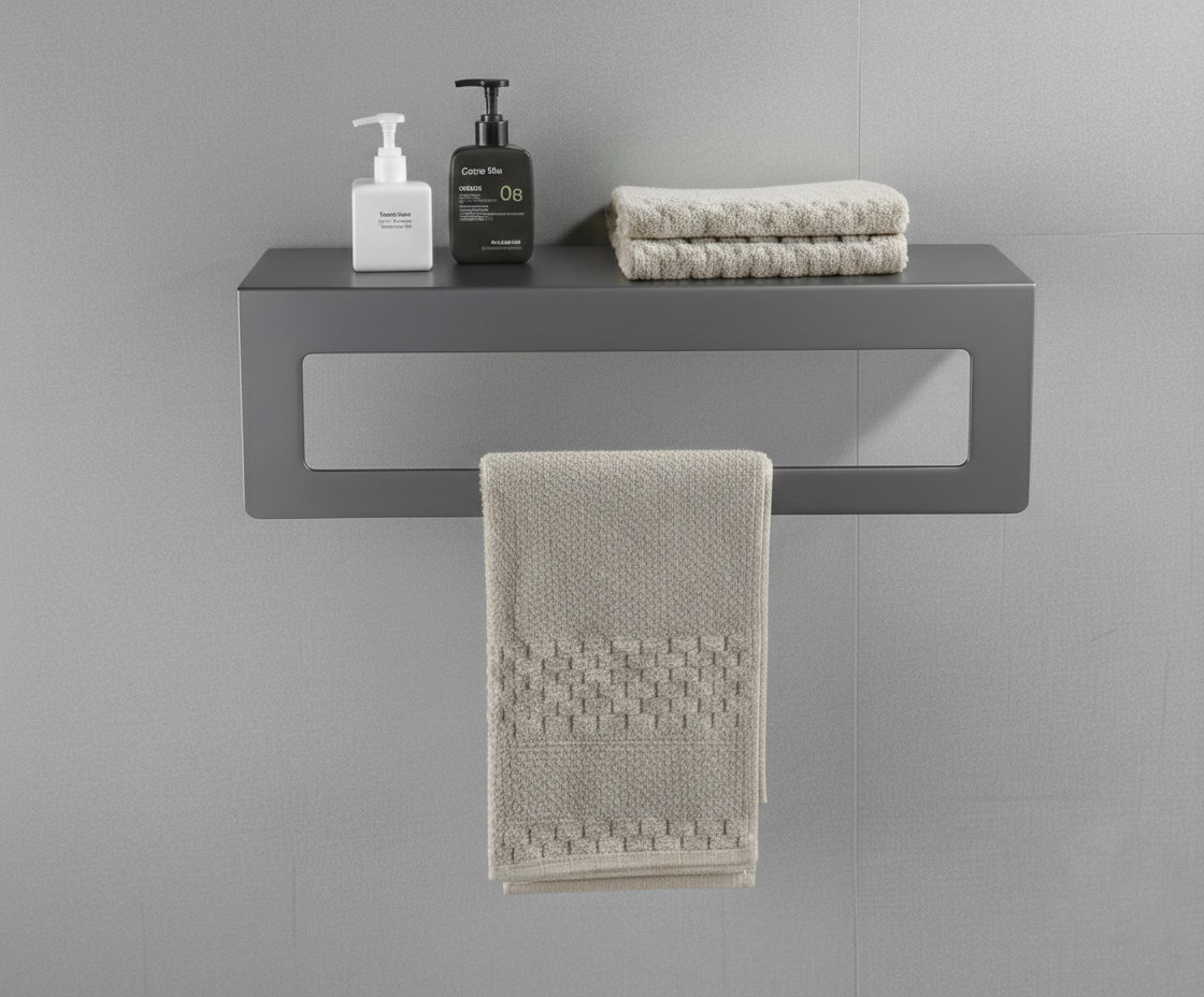 Koyu Gri Galvaniz Metal Havluluk Raf - Üst Raflı Banyo Havlu Askısı
