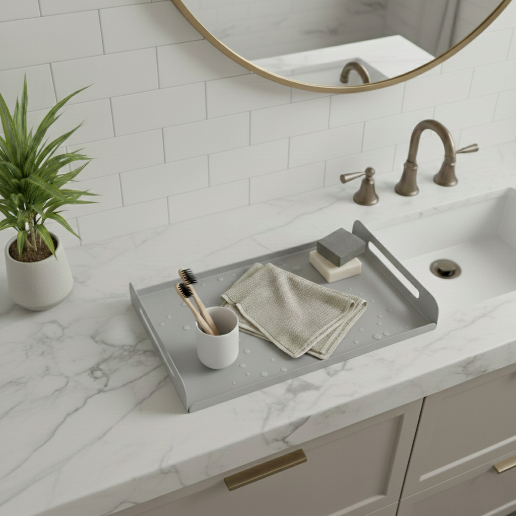 Açık Gri Dekoratif Galvaniz Metal Düzenleyici - Çok Amaçlı Lavabo Üstü Tablası