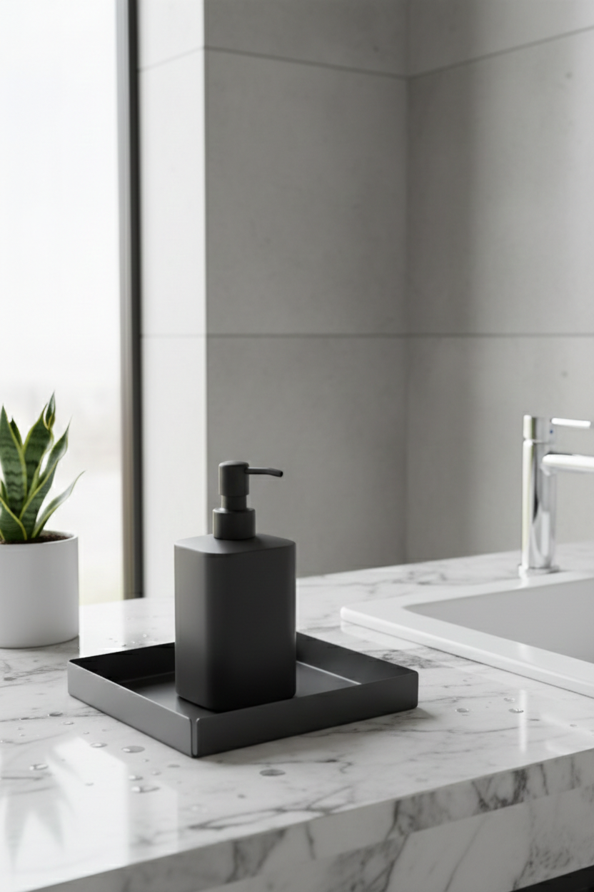 Koyu Gri Kare Galvaniz Metal Banyo Tablası - Lavabo Üstü Sabunluk Ve Düzenleyici Tepsi