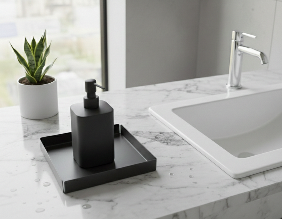 Koyu Gri Kare Galvaniz Metal Banyo Tablası - Lavabo Üstü Sabunluk Ve Düzenleyici Tepsi