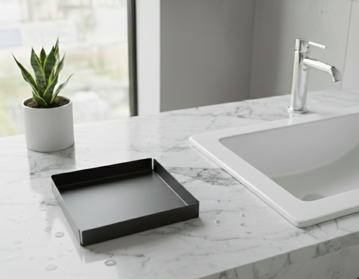 Koyu Gri Kare Galvaniz Metal Banyo Tablası - Lavabo Üstü Sabunluk Ve Düzenleyici Tepsi
