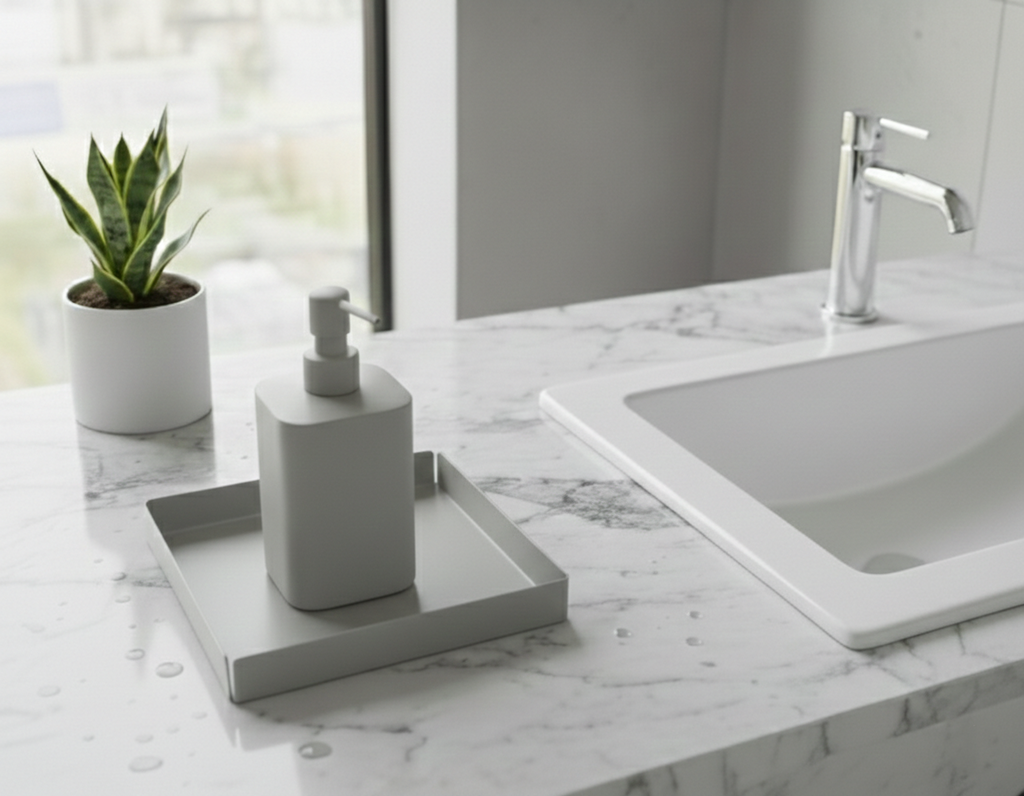 Açık Gri Kare Galvaniz Metal Banyo Tablası - Lavabo Üstü Sabunluk Ve Düzenleyici Tepsi