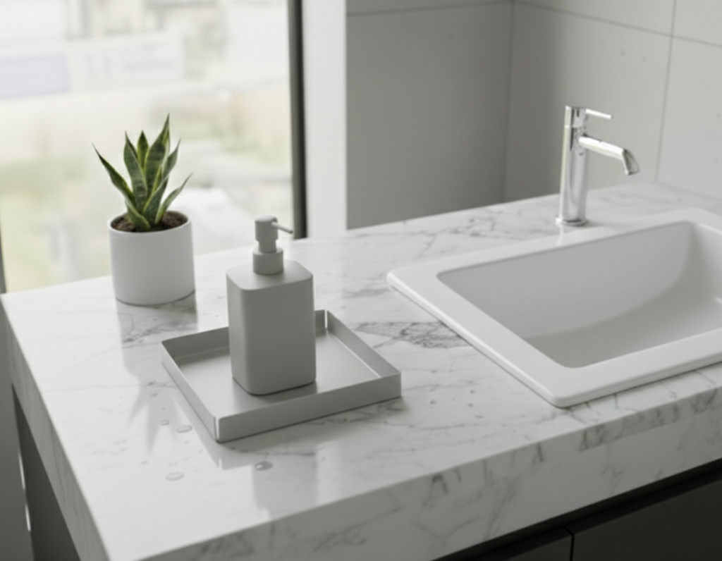Açık Gri Kare Galvaniz Metal Banyo Tablası - Lavabo Üstü Sabunluk Ve Düzenleyici Tepsi
