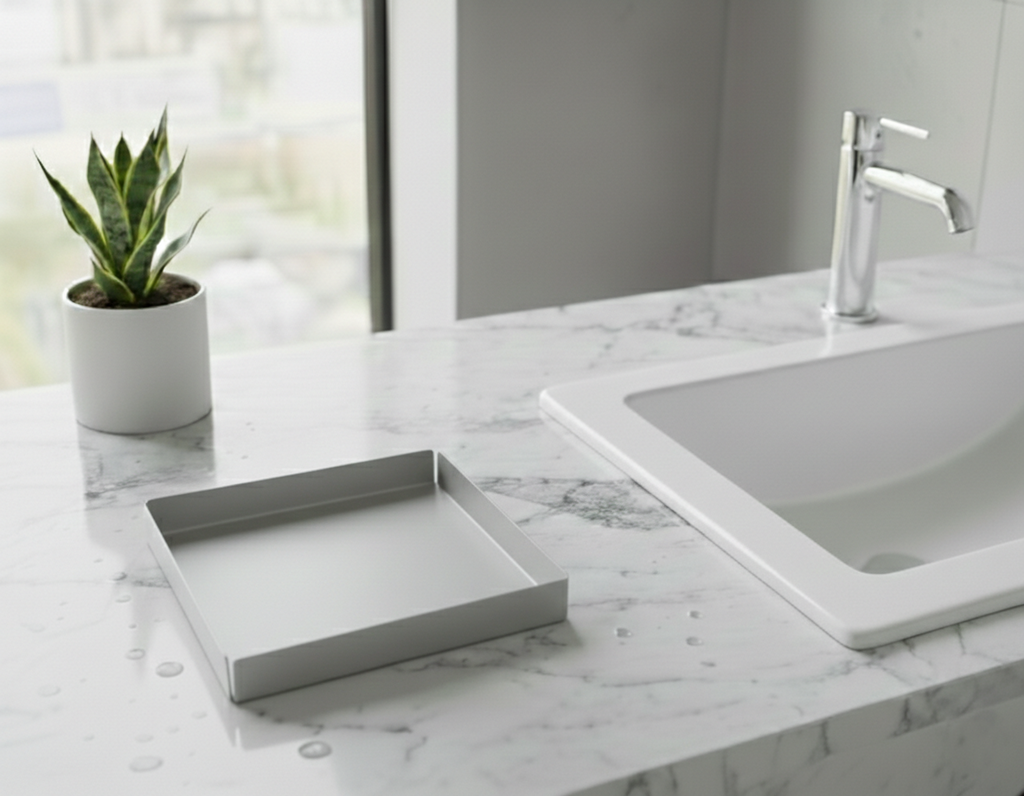Açık Gri Kare Galvaniz Metal Banyo Tablası - Lavabo Üstü Sabunluk Ve Düzenleyici Tepsi