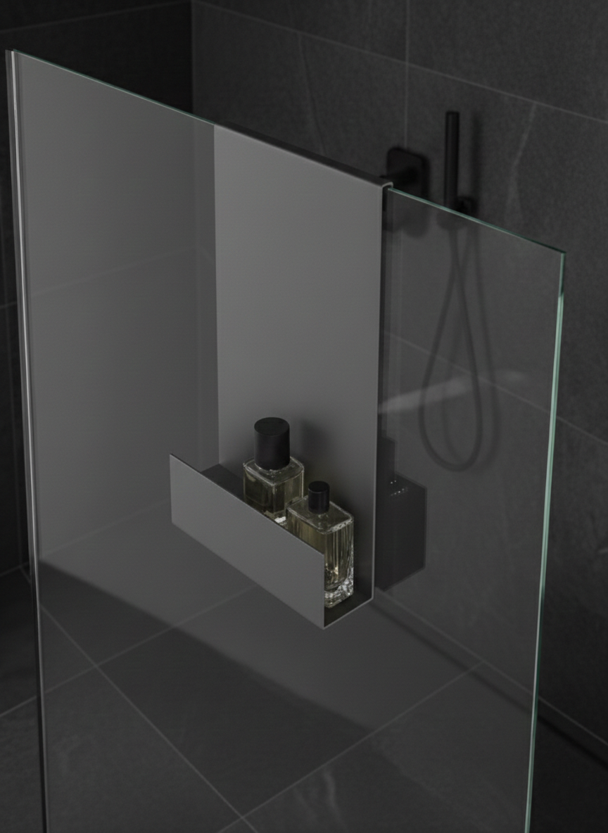 Premium Cam Üstü Askılı Duş Rafı - Koyu Gri Metal Banyo Organizeri