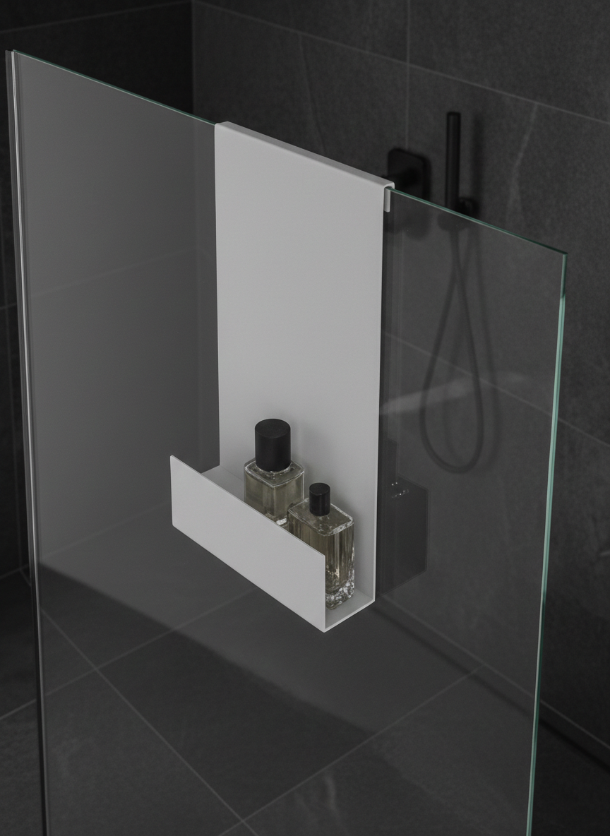 Premium Cam Üstü Askılı Duş Rafı - Açık Gri Metal Banyo Organizeri