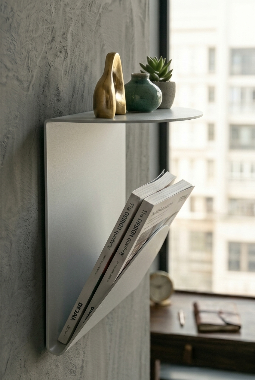 Premium Açık Gri Metal Duvar Rafı Ve Dergilik - Minimalist Gazetelik Ve Organizer