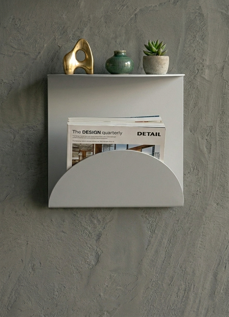 Premium Açık Gri Metal Duvar Rafı Ve Dergilik - Minimalist Gazetelik Ve Organizer