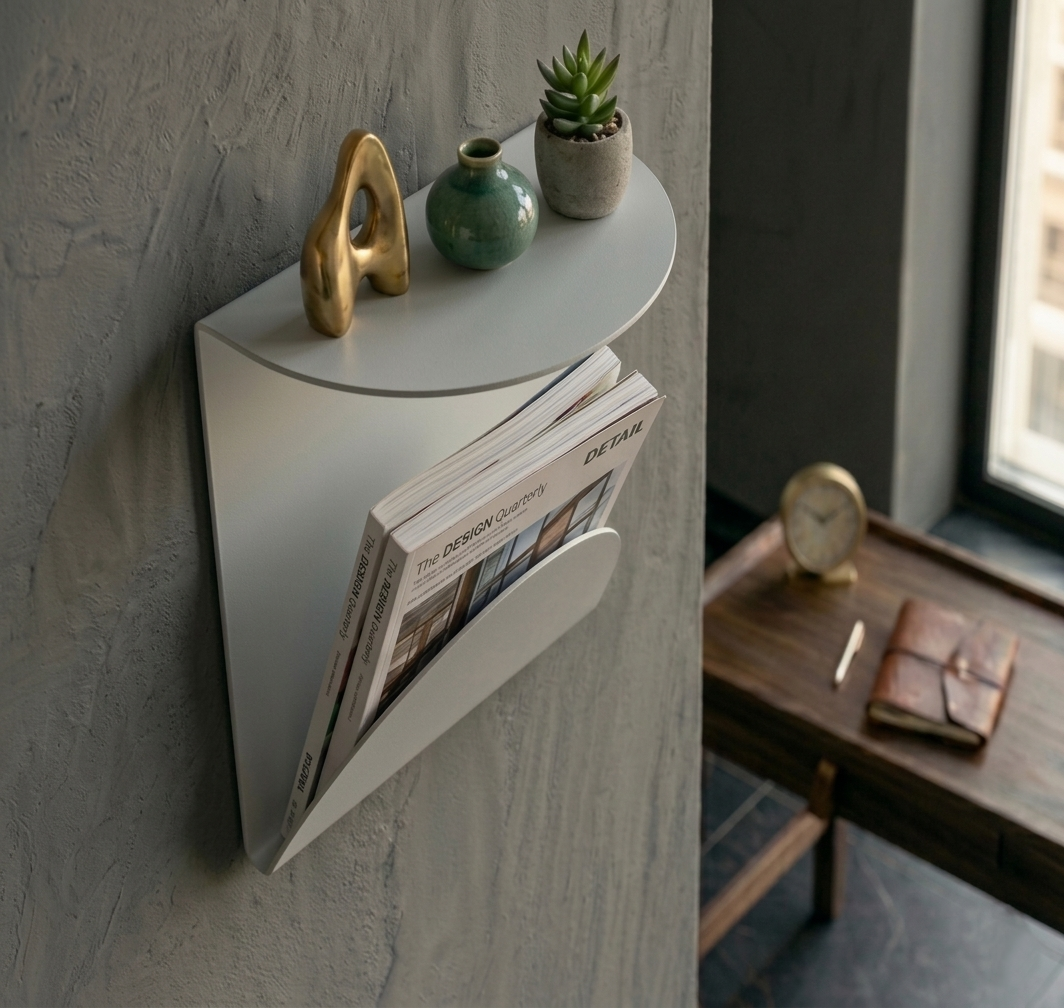 Premium Açık Gri Metal Duvar Rafı Ve Dergilik - Minimalist Gazetelik Ve Organizer