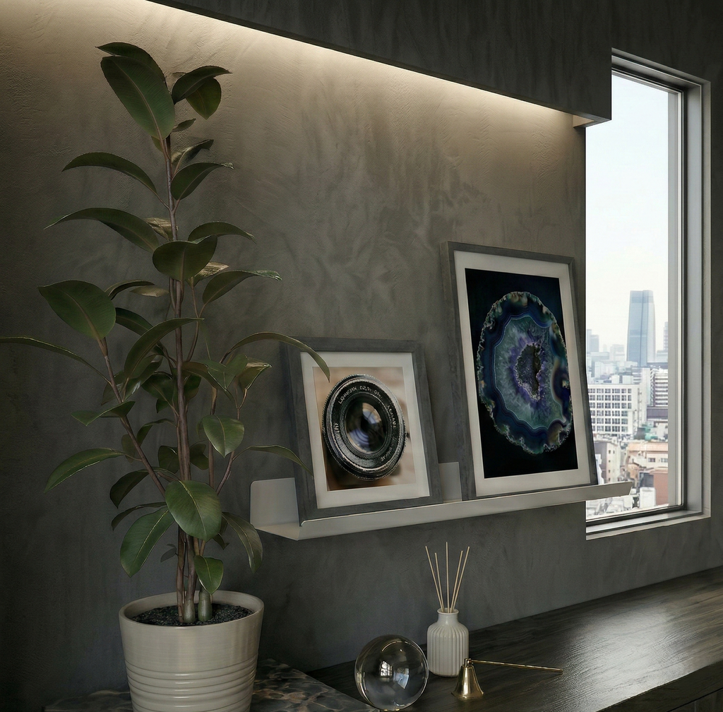 Premium Slim Açık Gri Metal Raf - Modern Dekoratif Duvar Modülü