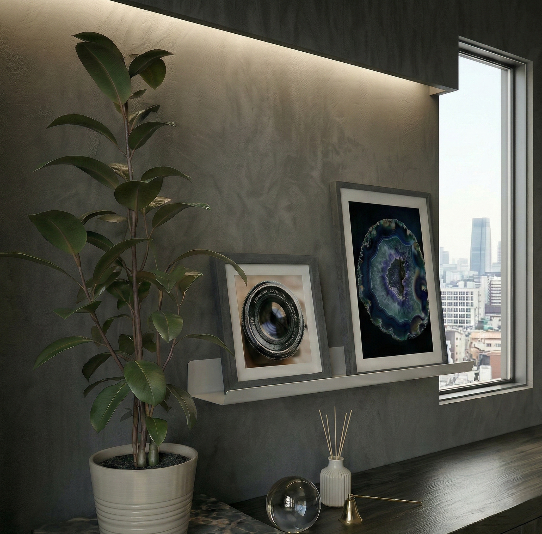Premium Slim Açık Gri Metal Raf - Modern Dekoratif Duvar Modülü