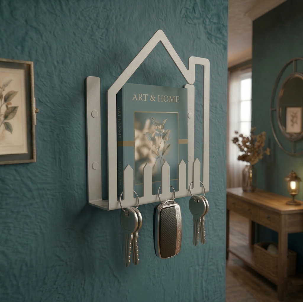 Premium Ev Formlu Metal Duvar Rafı Ve Anahtarlık - Açık Gri Modern Kitaplık Ve Organizer