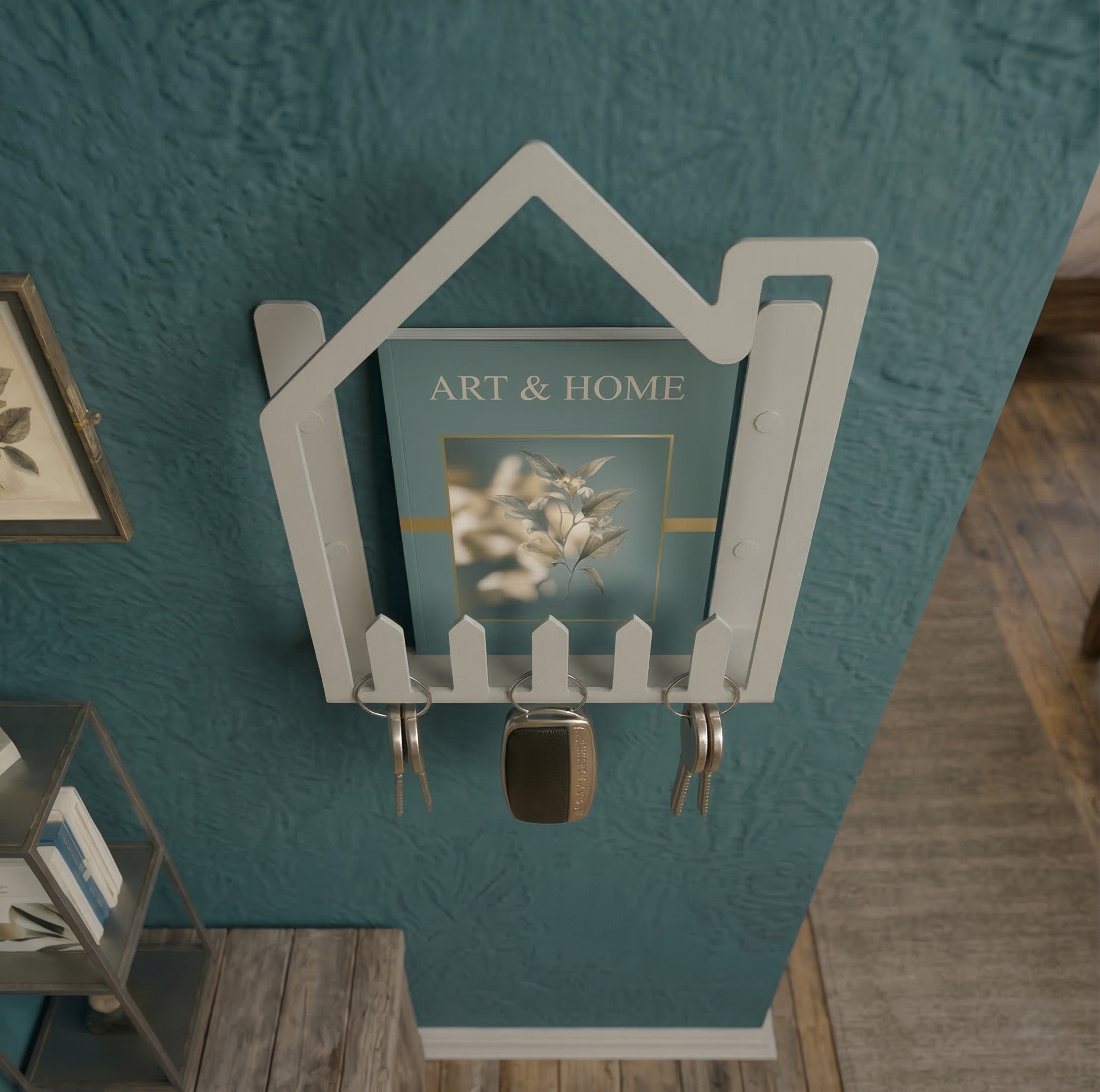 Premium Ev Formlu Metal Duvar Rafı Ve Anahtarlık - Açık Gri Modern Kitaplık Ve Organizer