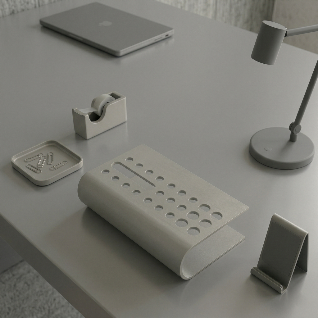 Mimari Form Açık Gri Galvaniz Metal Masaüstü Organizer - Endüstriyel Düzen