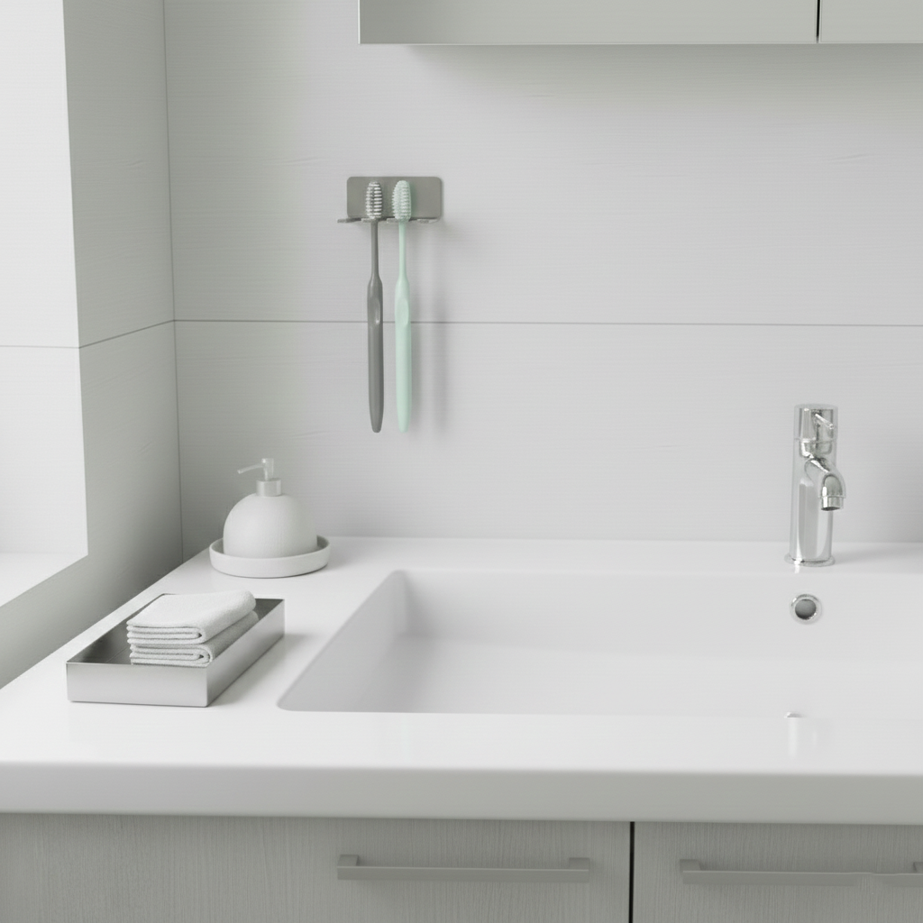 Yapışkanlı Paslanmaz Çelik Diş Fırçalık – Minimal Duvar Tipi