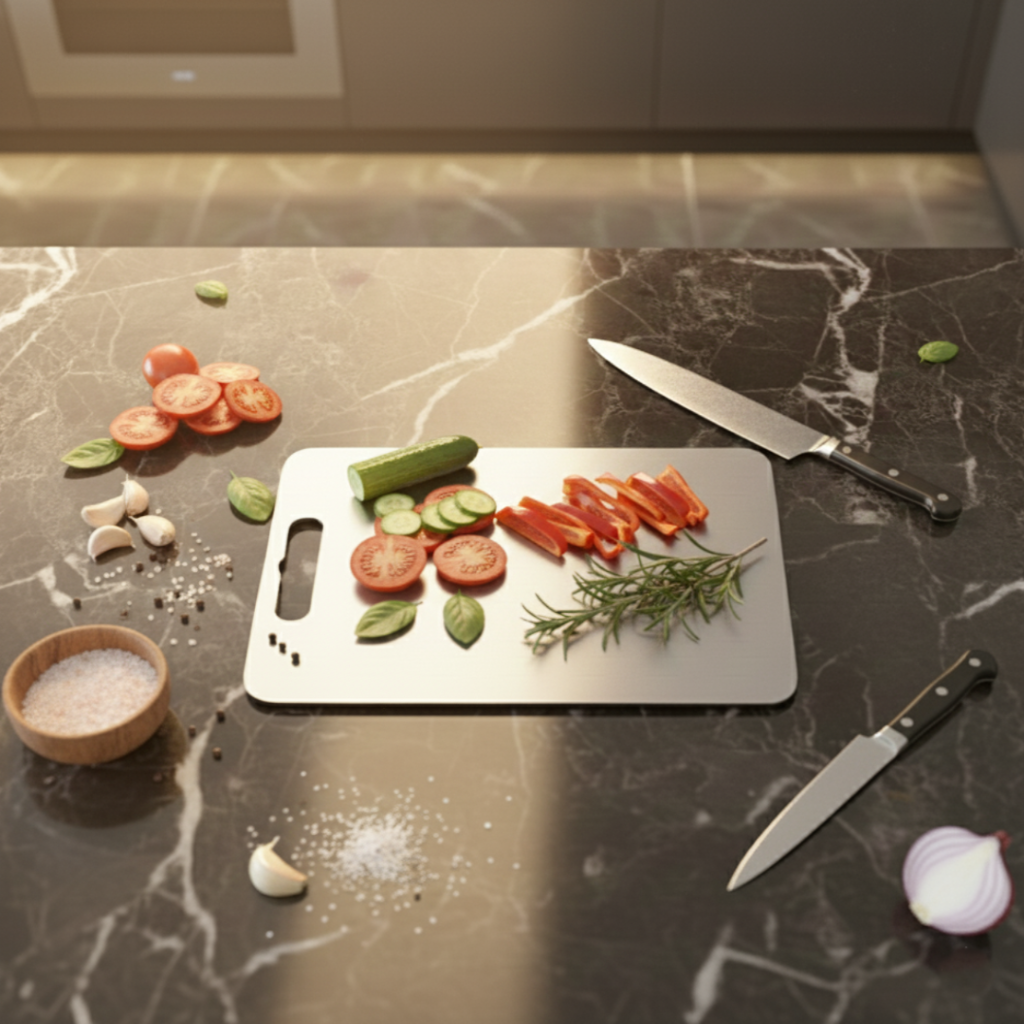 Paslanmaz Çelik Kesme Tahtası 32x21 cm – Hijyenik ve Dayanıklı | Chalybes