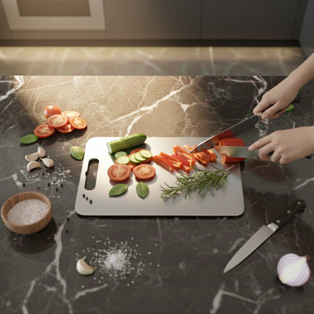 Paslanmaz Çelik Kesme Tahtası 32x21 cm – Hijyenik ve Dayanıklı | Chalybes