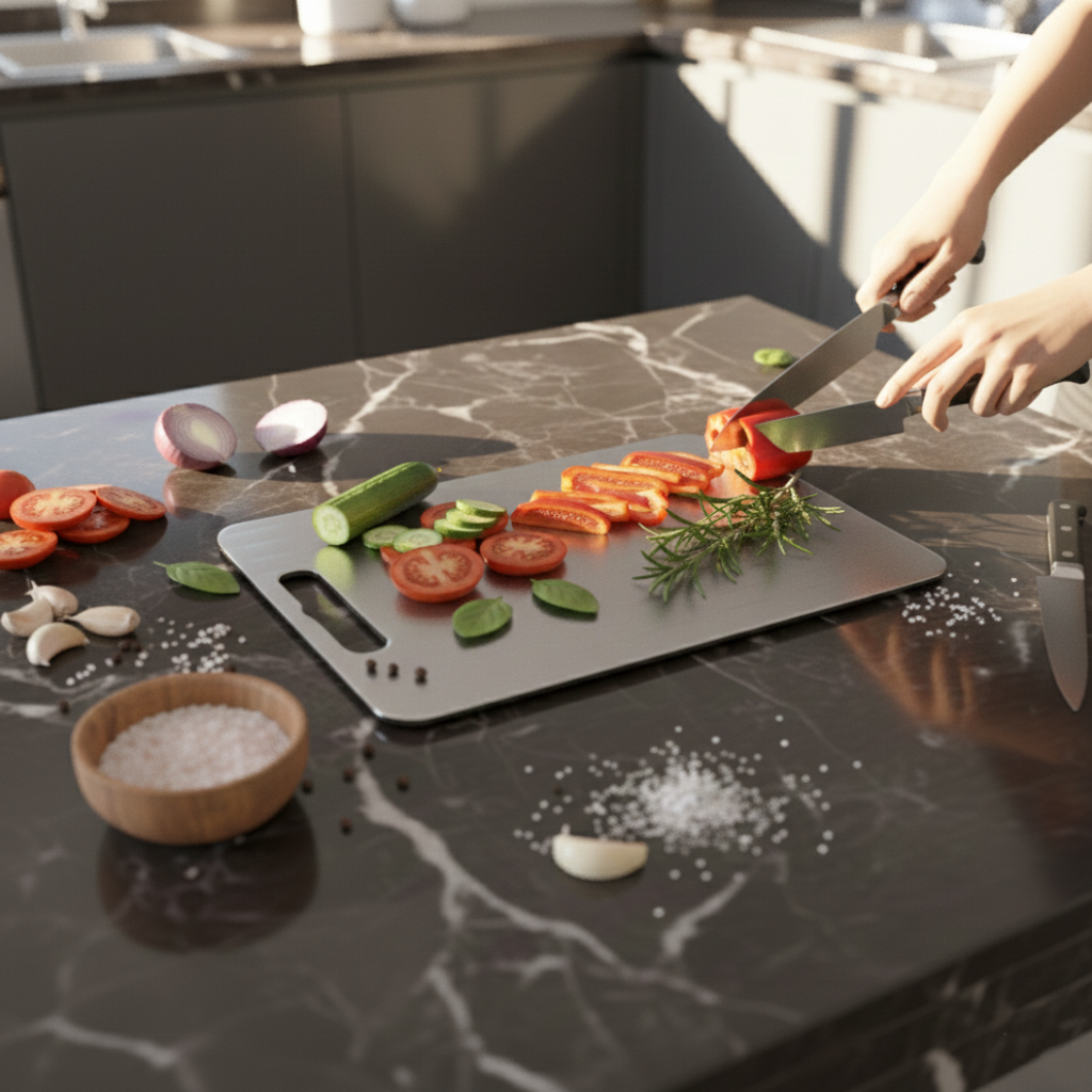 Paslanmaz Çelik Kesme Tahtası 32x21 cm – Hijyenik ve Dayanıklı | Chalybes