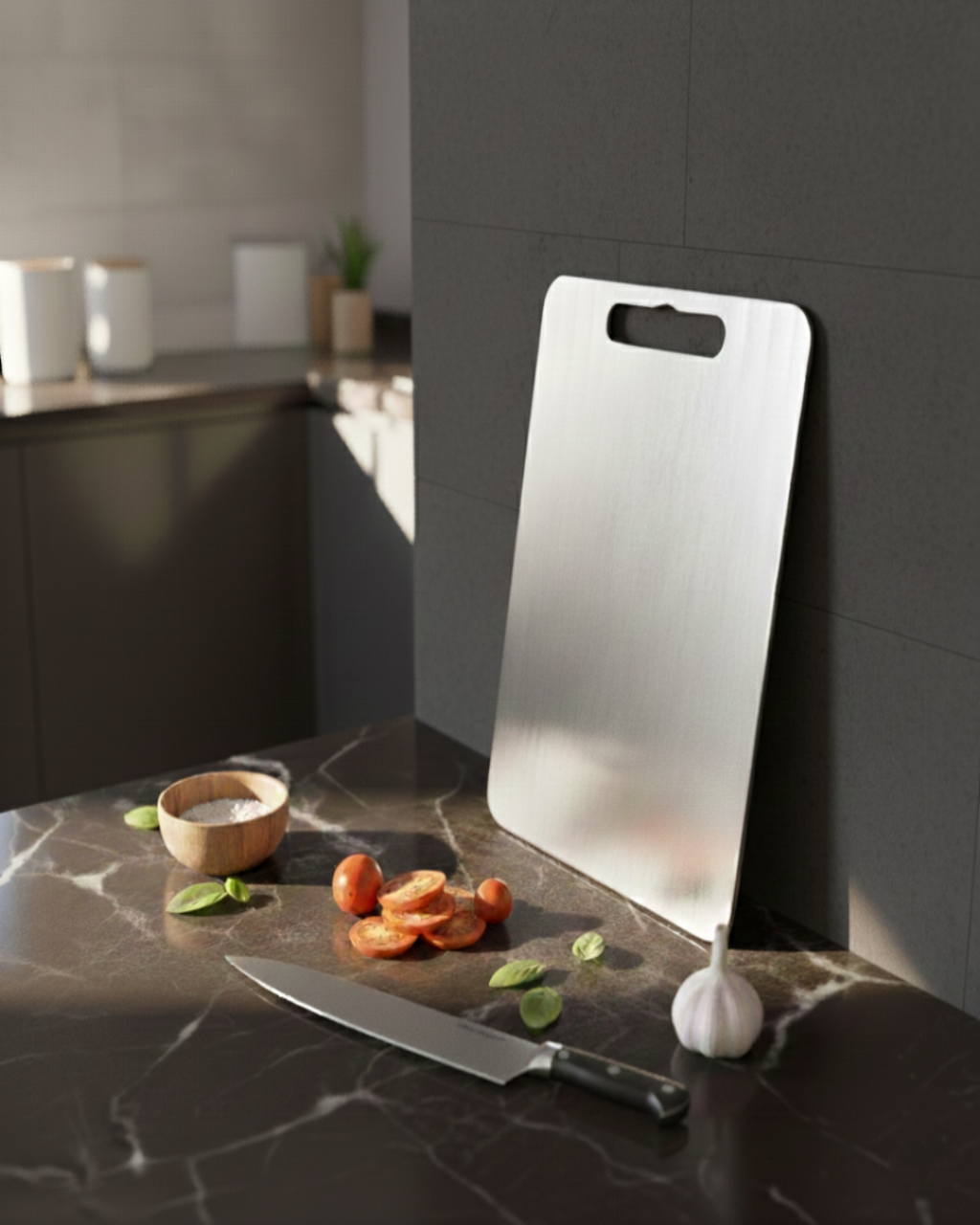 Paslanmaz Çelik Kesme Tahtası 32x21 cm – Hijyenik ve Dayanıklı | Chalybes