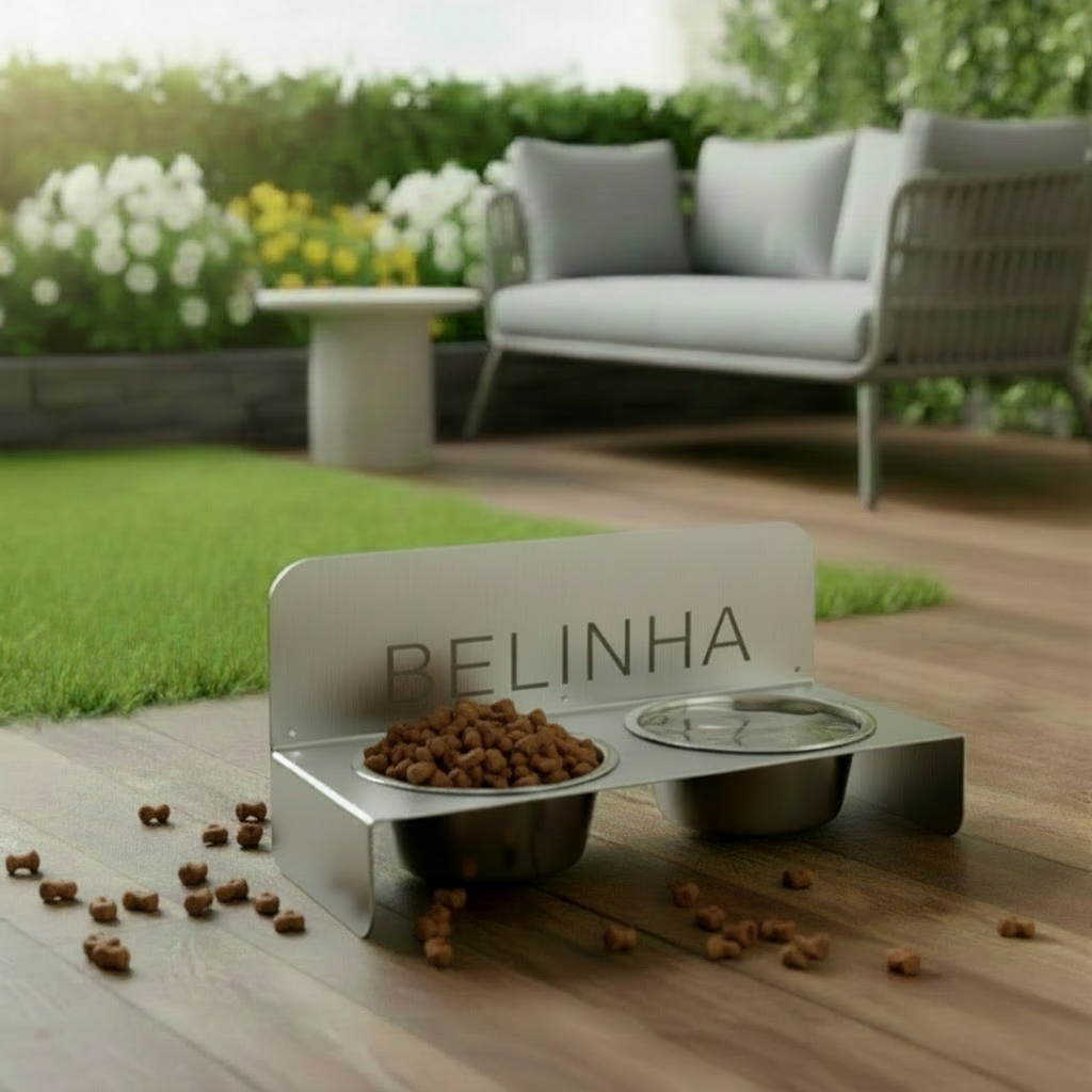 Kişiselleştirilebilir İsimli Paslanmaz Çelik Çift Hazneli Köpek & Kedi Mama ve Su Kabı Standı