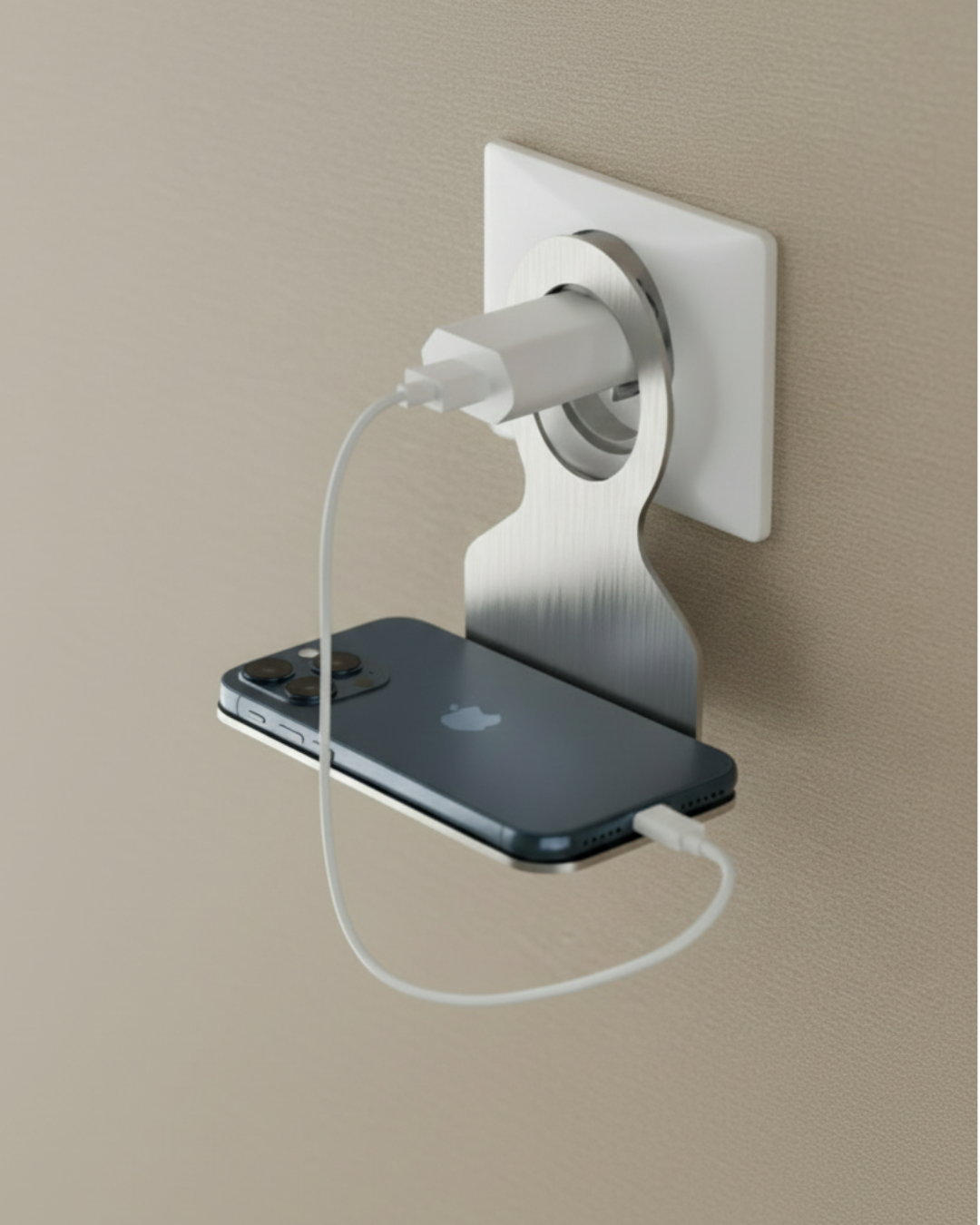 Paslanmaz Çelik Pratik Telefon Tutucu – Duvar Prizi Üstü Şarj Standı